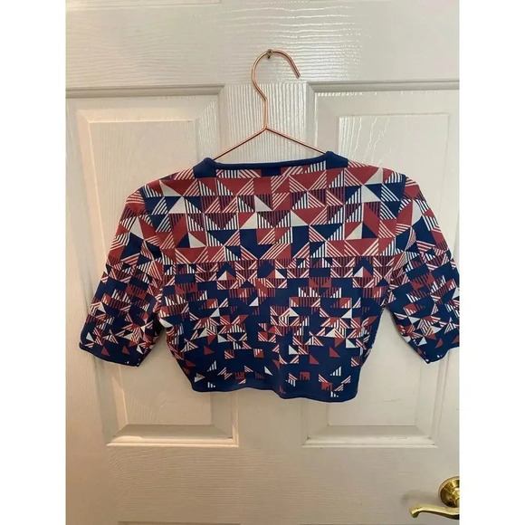 BCBGMAXAZRIA Red White Blue Circle Geometric Skater Mini Knit Skirt & Top Size S - Picture 2 of 8